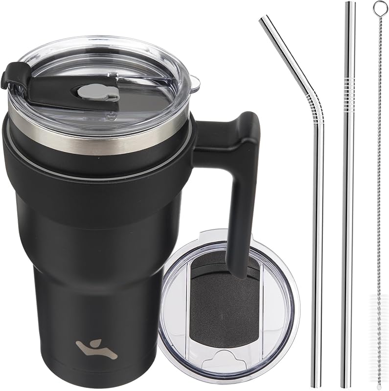 Vaso acero inox 30oz con asa 2 popotes 2 tapas color negro