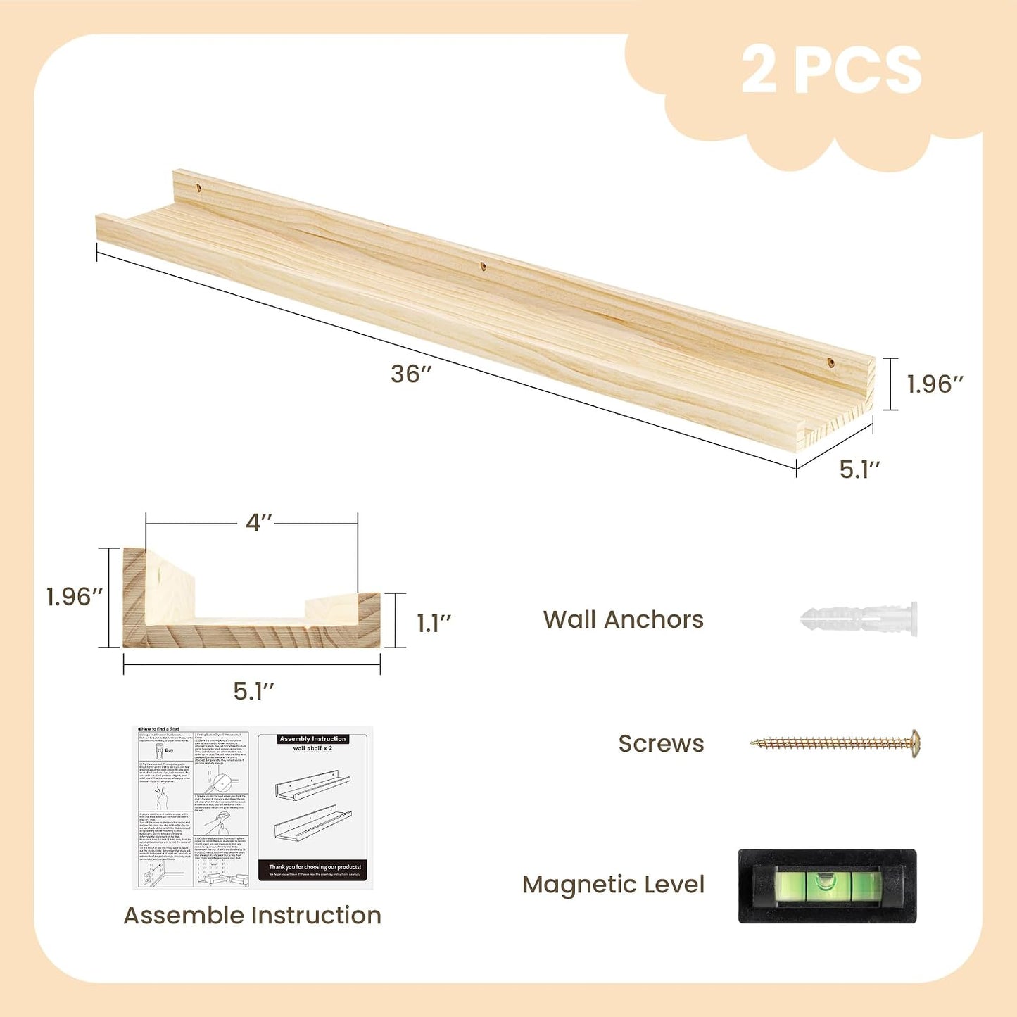 2 Pzas Estante Flotante Madera Pino 36" Niños