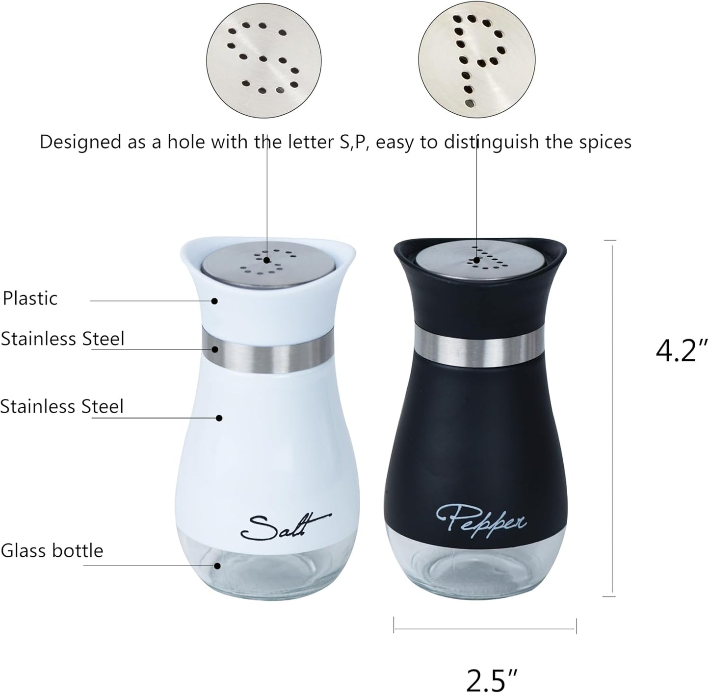 Set 2 Saleros Pimenteros Acero Inox Vidrio Soporte Negro Blanco