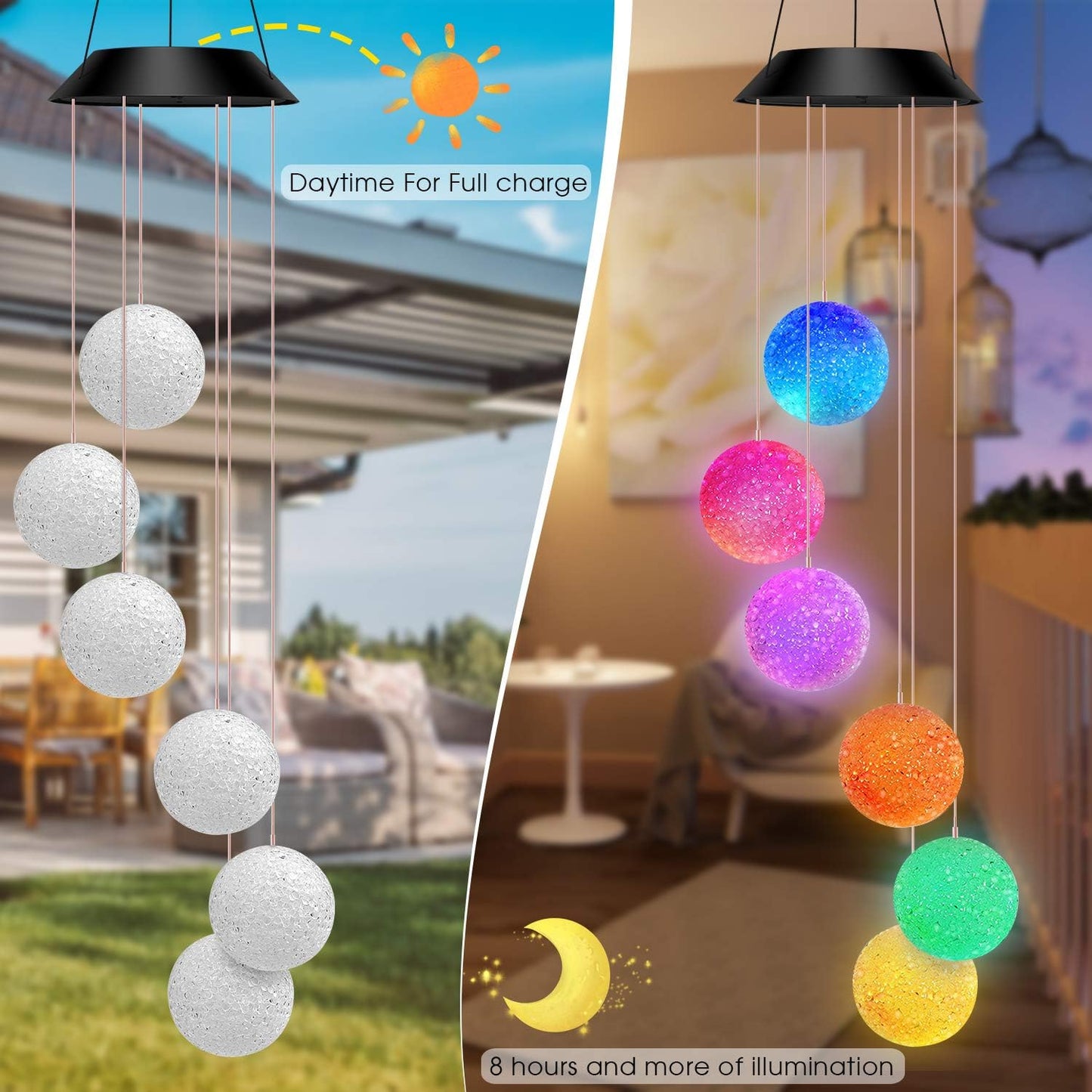 Campanas viento solares con LED impermeables para patio jardín