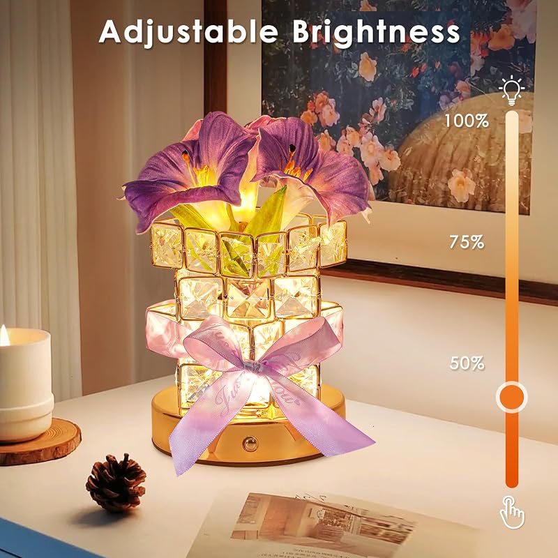 Lámpara mesa morada con flores artificiales recargable