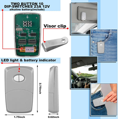 6 Controles Remoto Puerta 2 Botones 10 Interruptores Garaje Gris