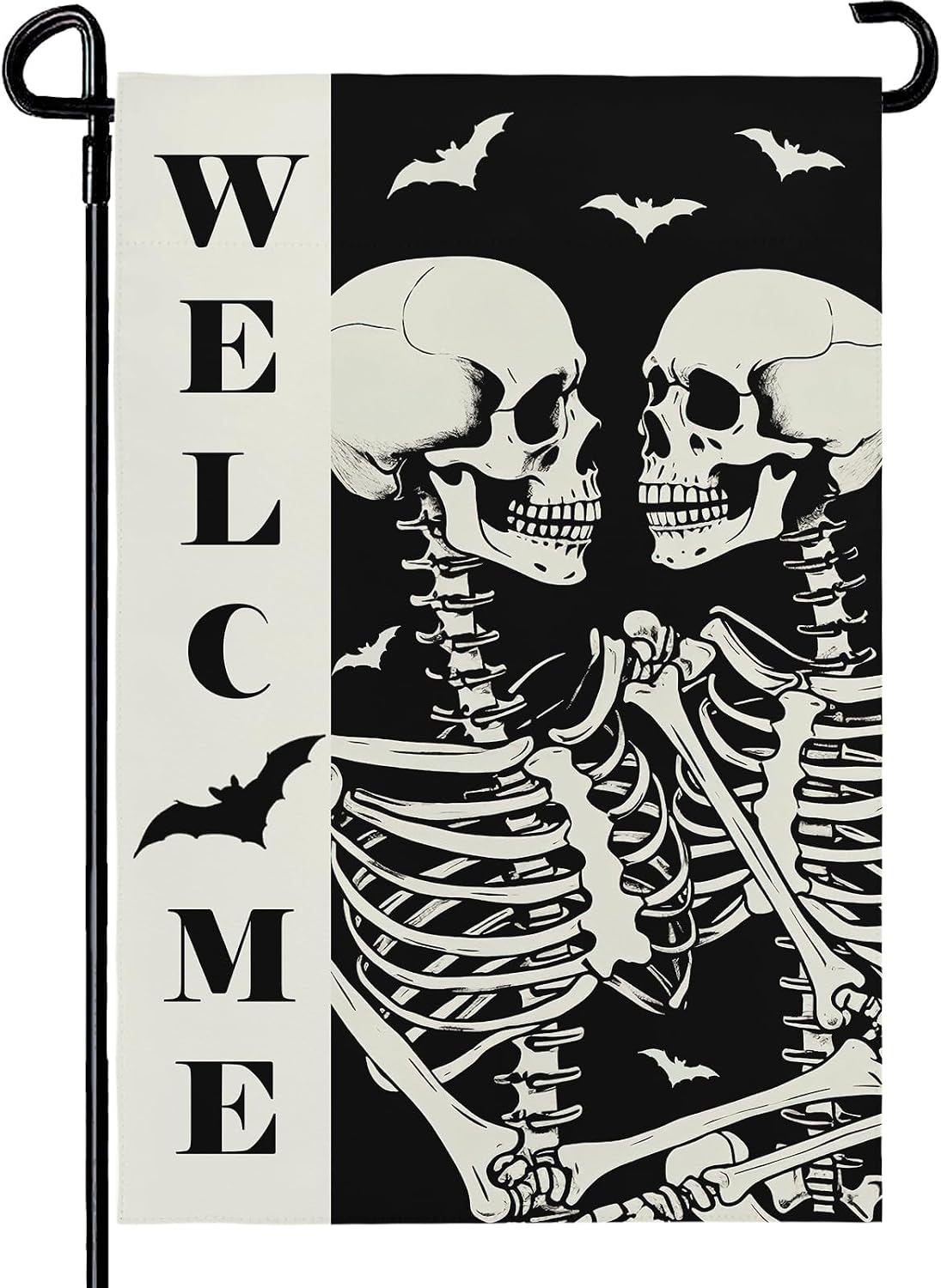 Bandera jardín Halloween calavera esqueleto blanco y negro