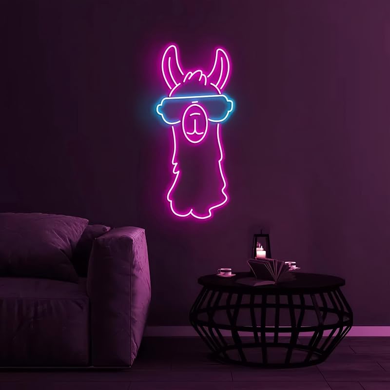 Letrero neón con llama y gafas sol decoración hogar mascotas