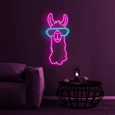 Letrero neón con llama y gafas sol decoración hogar mascotas