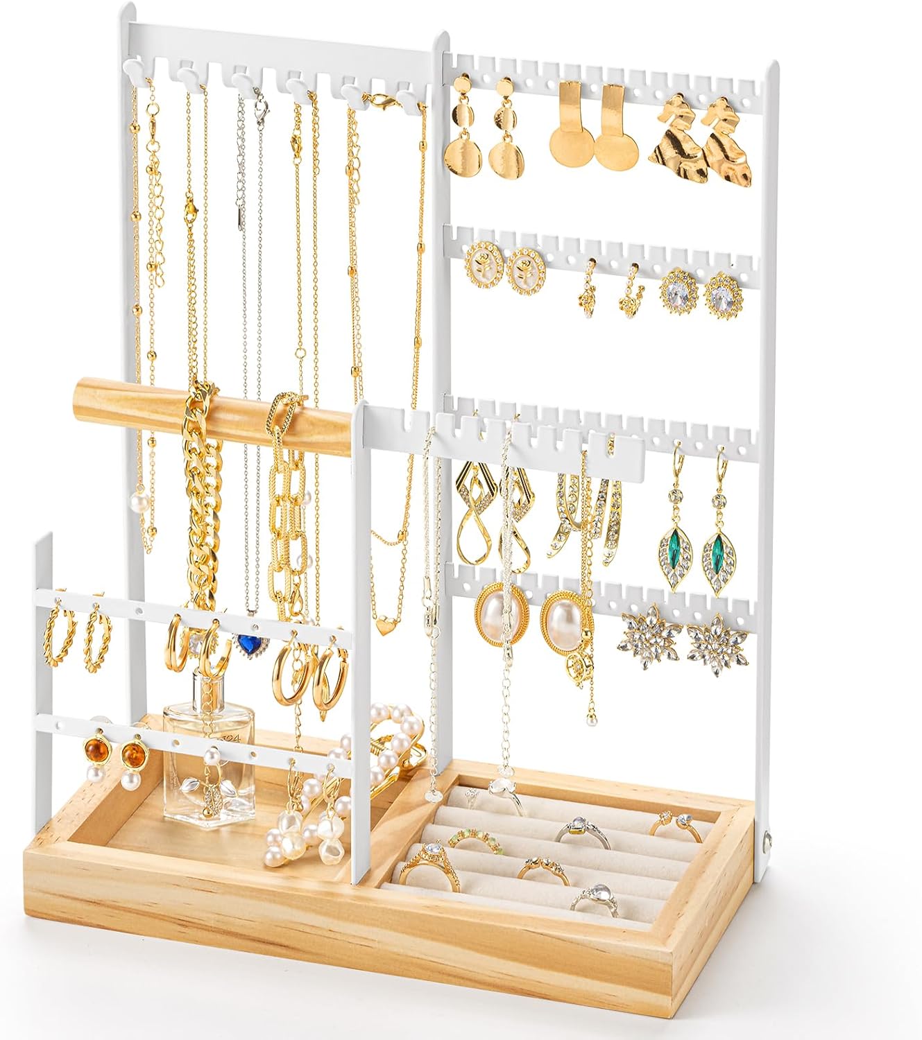 Soporte joyas 4 niveles 11 ganchos 132 agujeros blanco