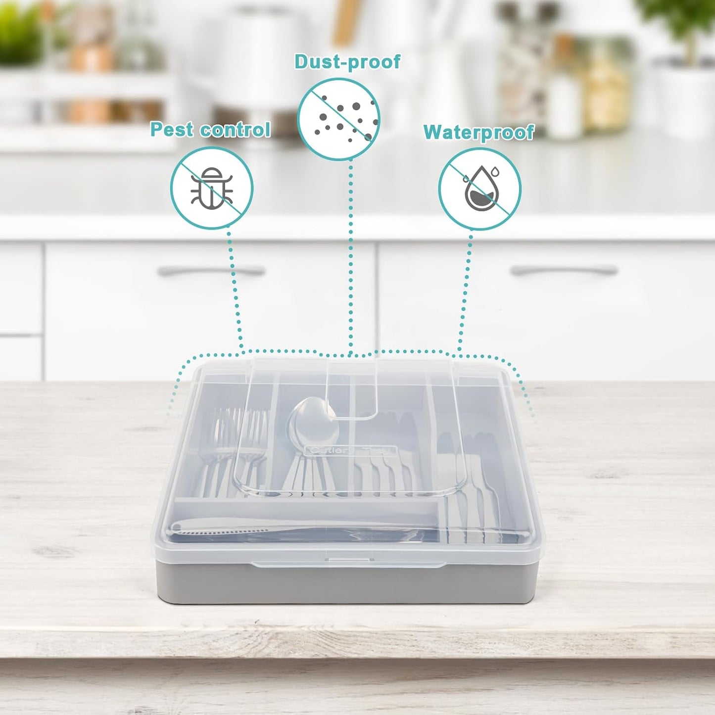 Organiz. cubiertos bambú con tapa gris encimera cocina