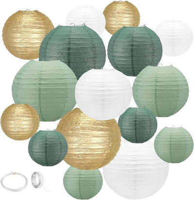Faroles decorativos papel salvia 16 Pzas doradas colgantes bodas