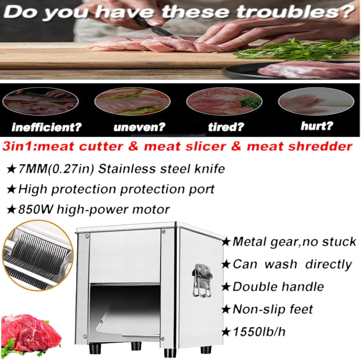 Cortadora carne eléctrica acero inox 0.27pulg 110V 850W