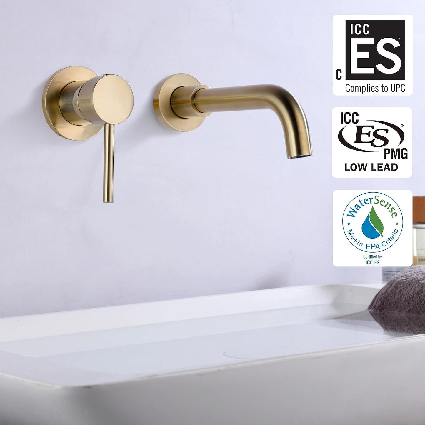 Grifo baño pared manija zurda oro cepillado
