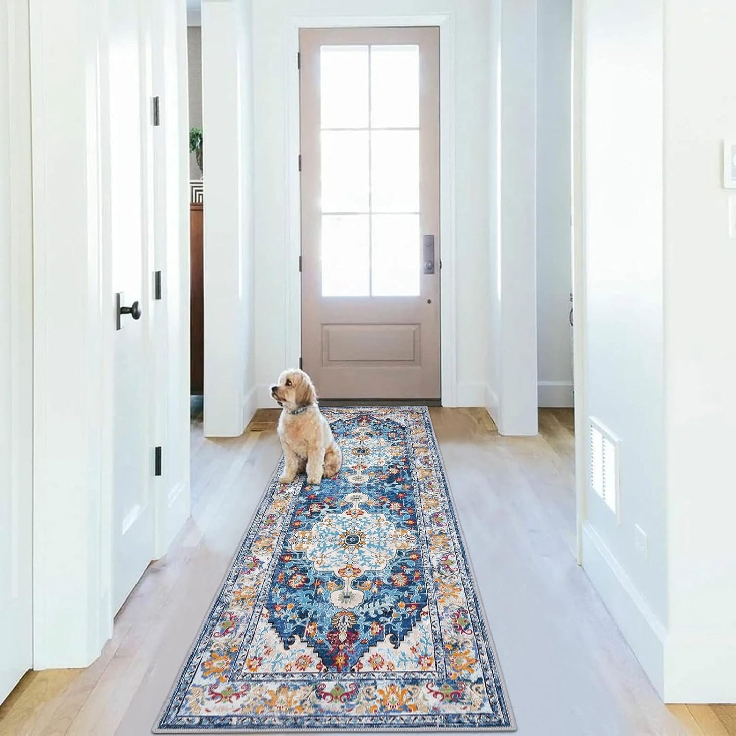 Alfombra bohemia pasillo 2x6ft antiderrap lavable azul