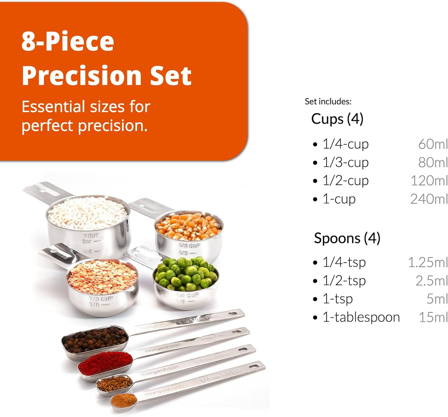 Kit medición acero inox 304 8 tazas y cucharas apilables