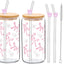 2 Set Vasos Vidrio Lazo Rosa con Tapas y Pajitas para Café Té Boba