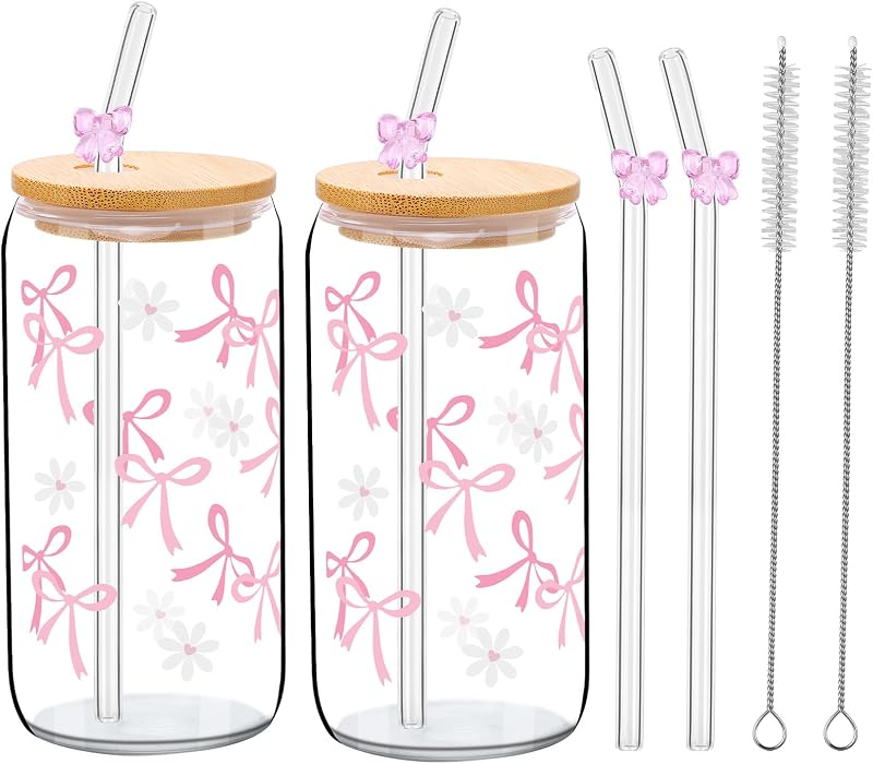 2 Set Vasos Vidrio Lazo Rosa con Tapas y Pajitas para Café Té Boba