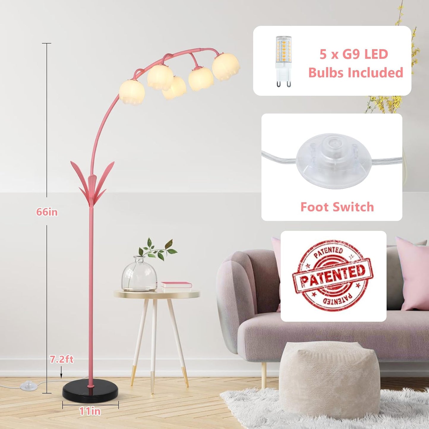 Lámpara pie flor rosa sala estar 5 LED G9 interruptor