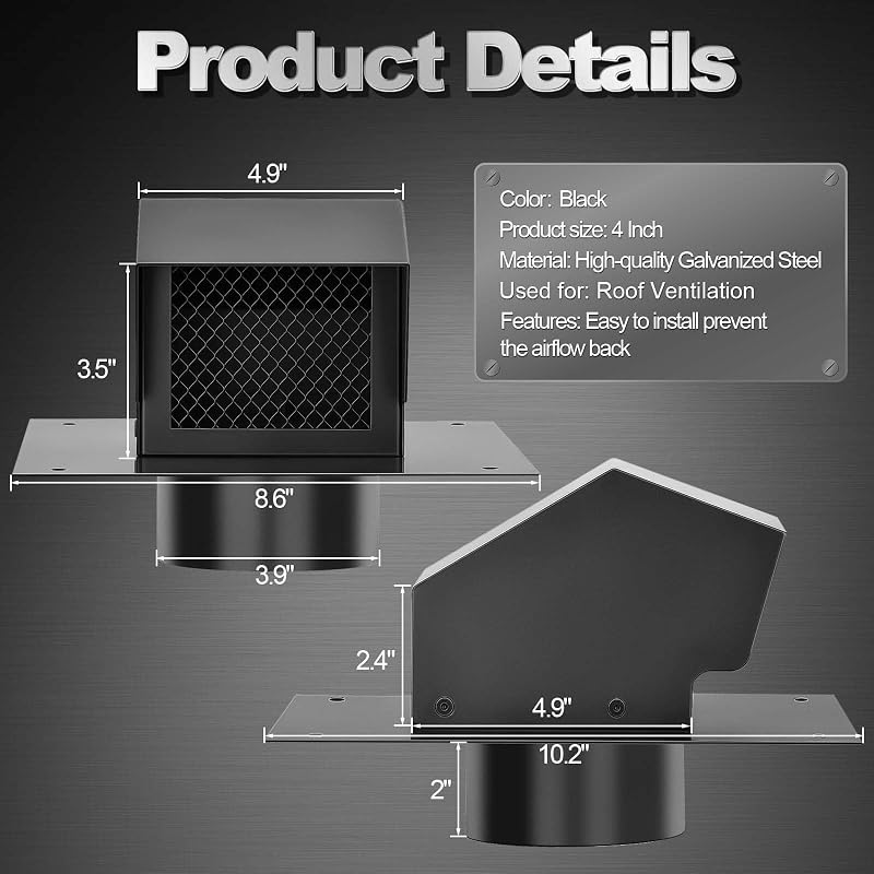 Tapa ventilación techo 4" acero galvanizado con damper negro