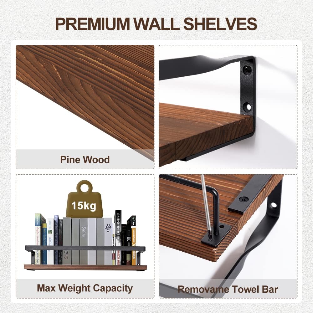 2 Pzas Estante Flotante Madera Metal Toallero 16.5x6"