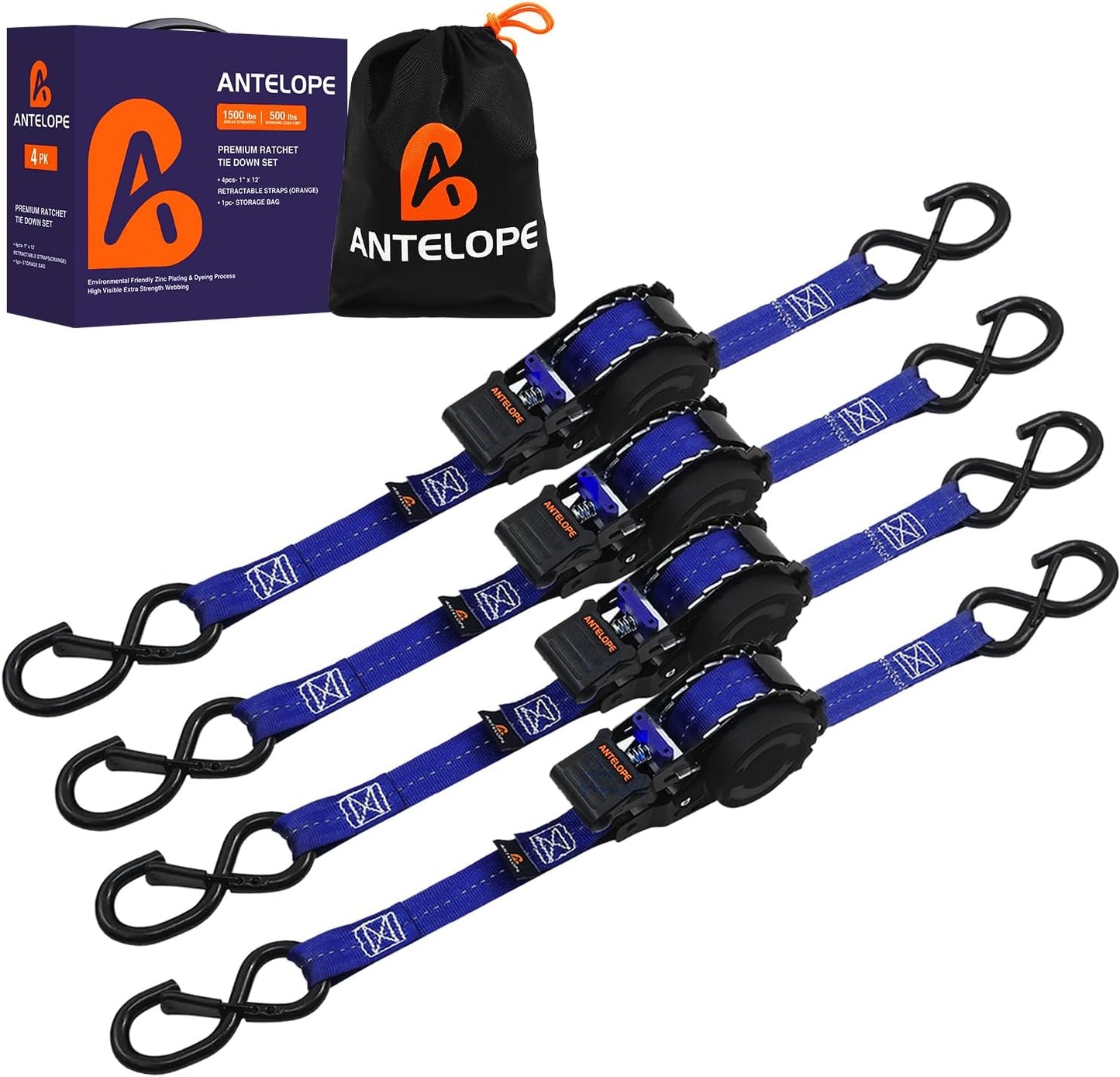 4 Correas Trinquete Retráctil 1" x12ft 1500lb Resistencia