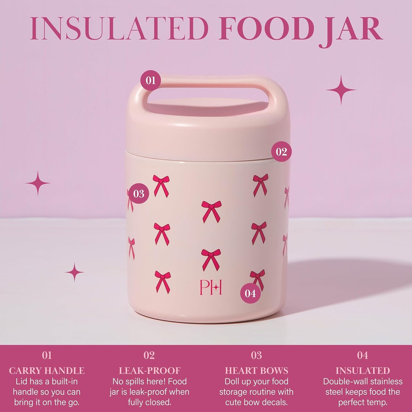 Tarro alimento acero inox doble pared 12oz rosa