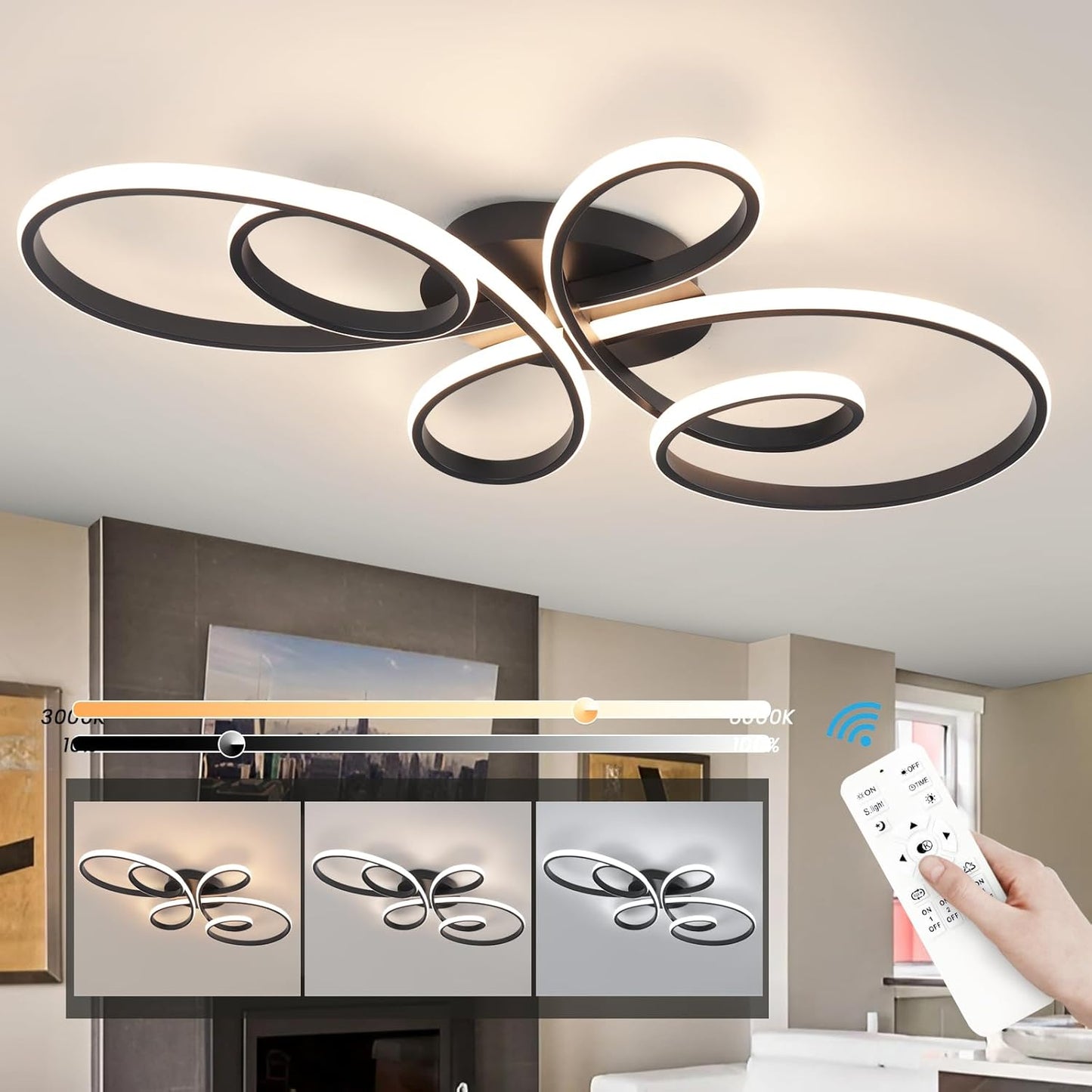 Lámpara techo LED forma flor control remoto regulable negro