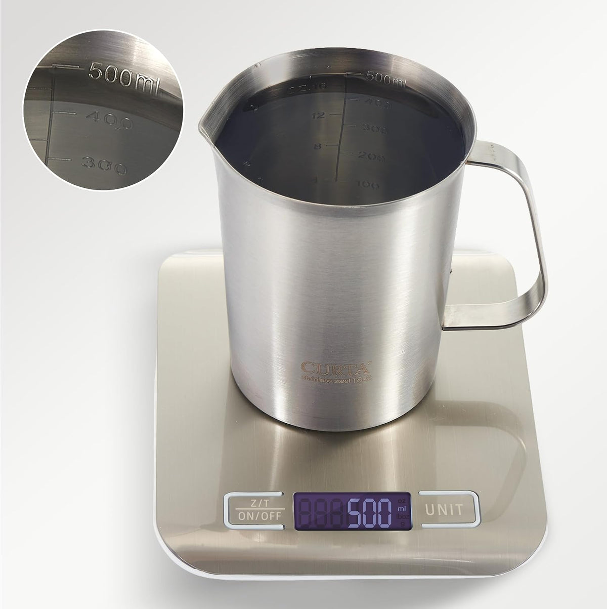 Taza medidora acero inox 16oz con mango y labio