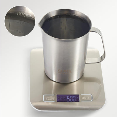 Taza medidora acero inox 16oz con mango y labio