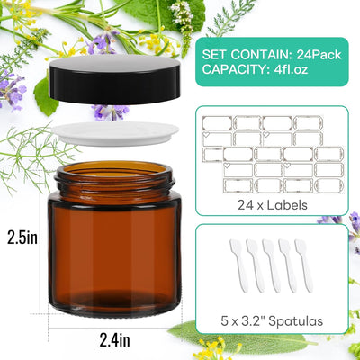 Tarros vidrio ámbar 4oz tapas negras set 24 vacíos cosméticos