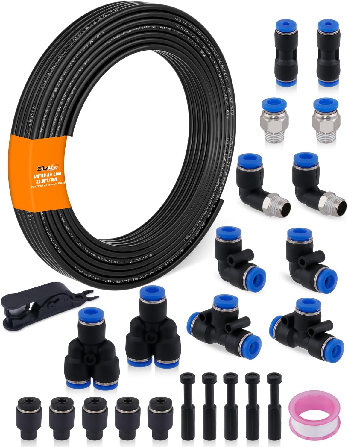 Kit manguera aire 1/8pulg 10m SAE J844 con cortador y cinta teflón