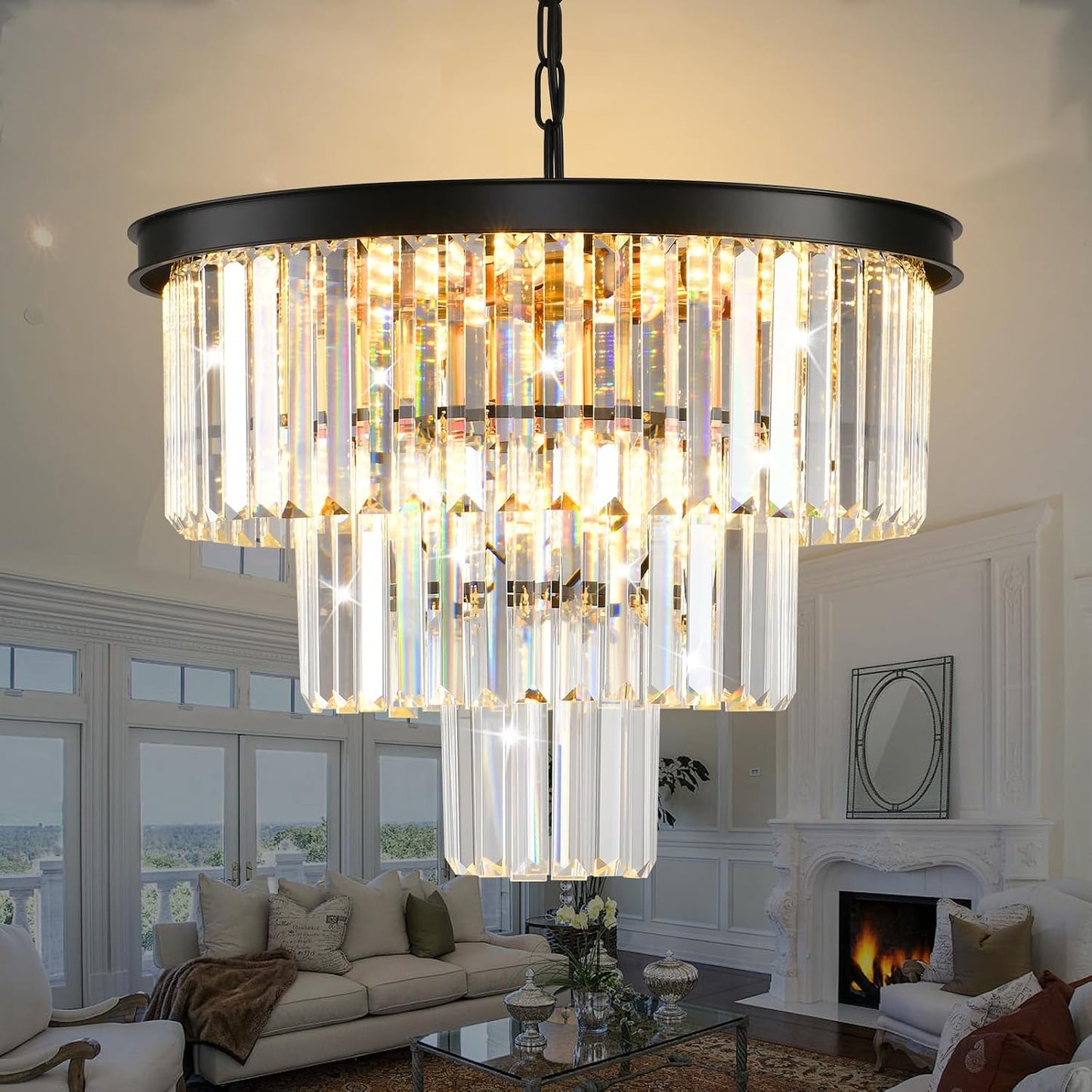 Lámpara de techo 9 luces cristal negro 3 niveles sala