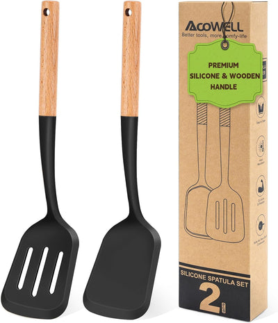 2 Pzas Espátula Silicona Mango Madera Negro