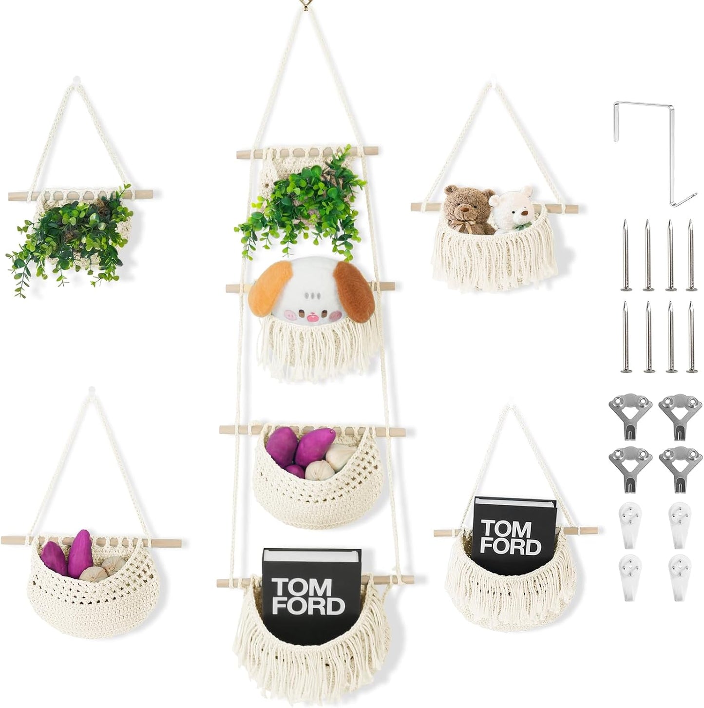 Cesta frutas colgante 4 niveles cuerda algodón beige