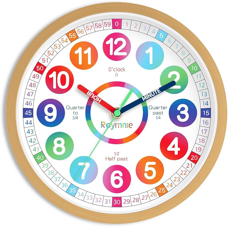 Reloj pared niños aprendizaje analógico colorido silencioso