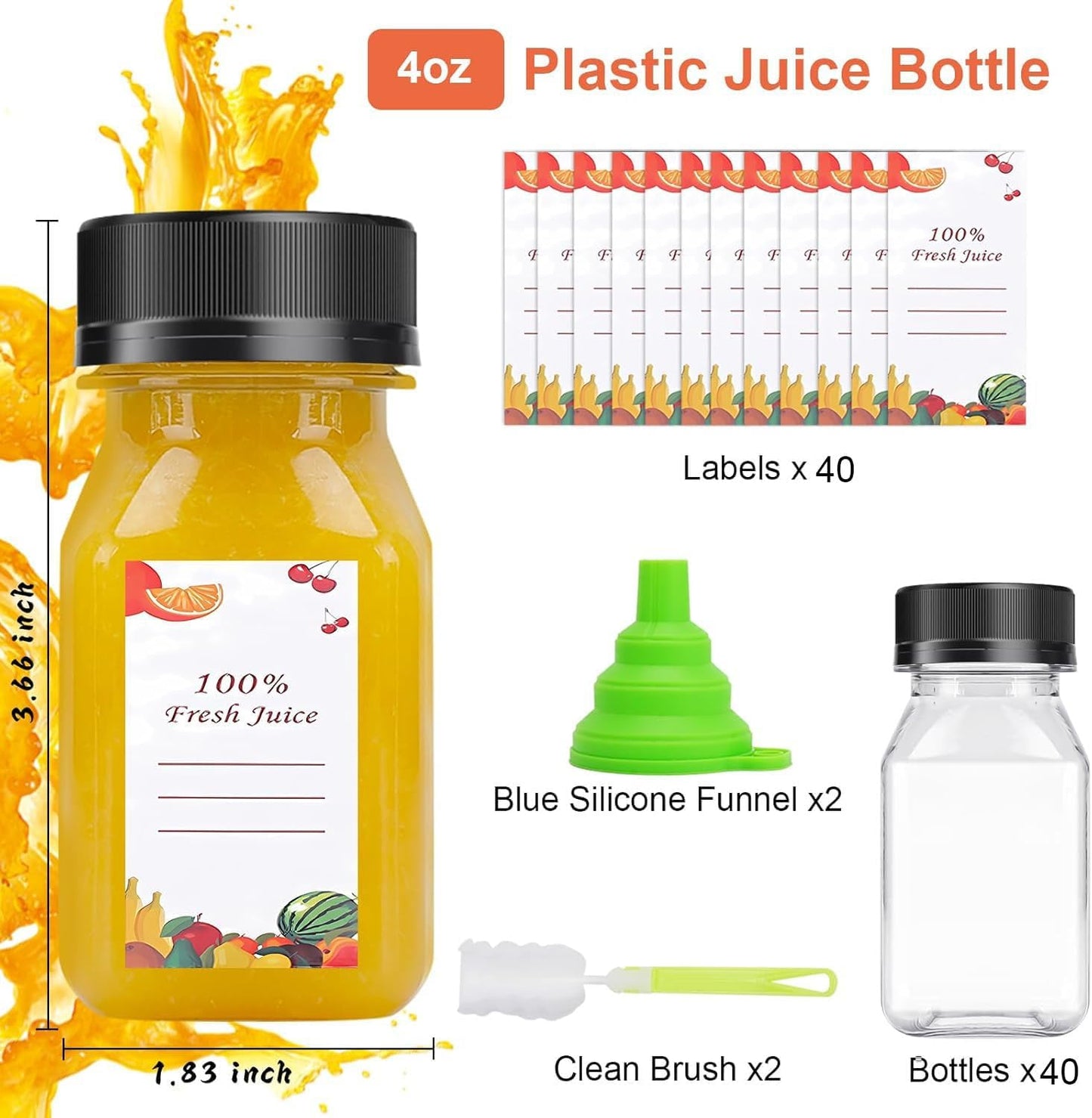 40 Botellas Jugo 4oz Vacías Reutilizables con Etiqueta