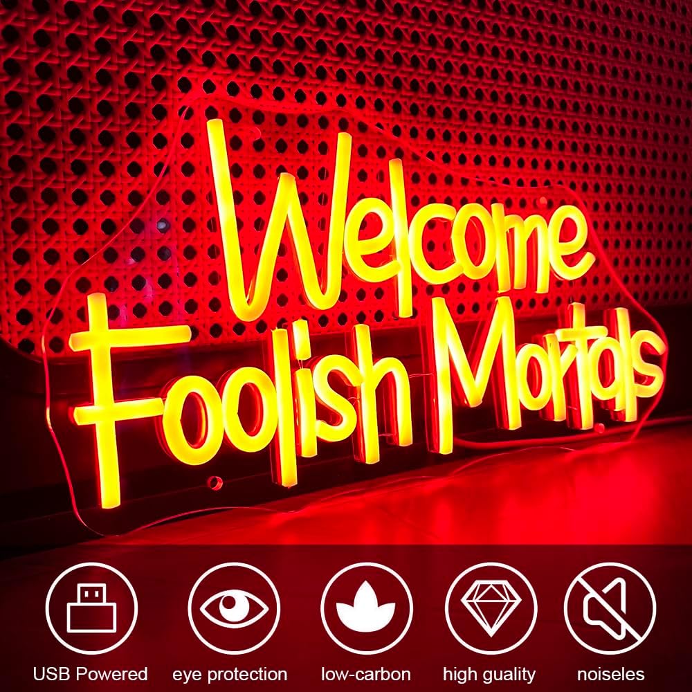 Letrero neón Welcome Foolish Mortals para Halloween gótico