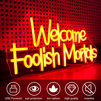 Letrero neón Welcome Foolish Mortals para Halloween gótico