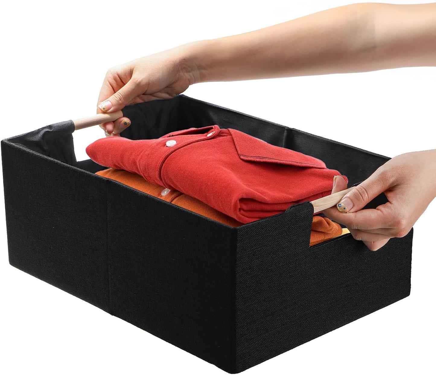 Set 2 Cestas Almacenamiento Negro Asa Madera Plegables