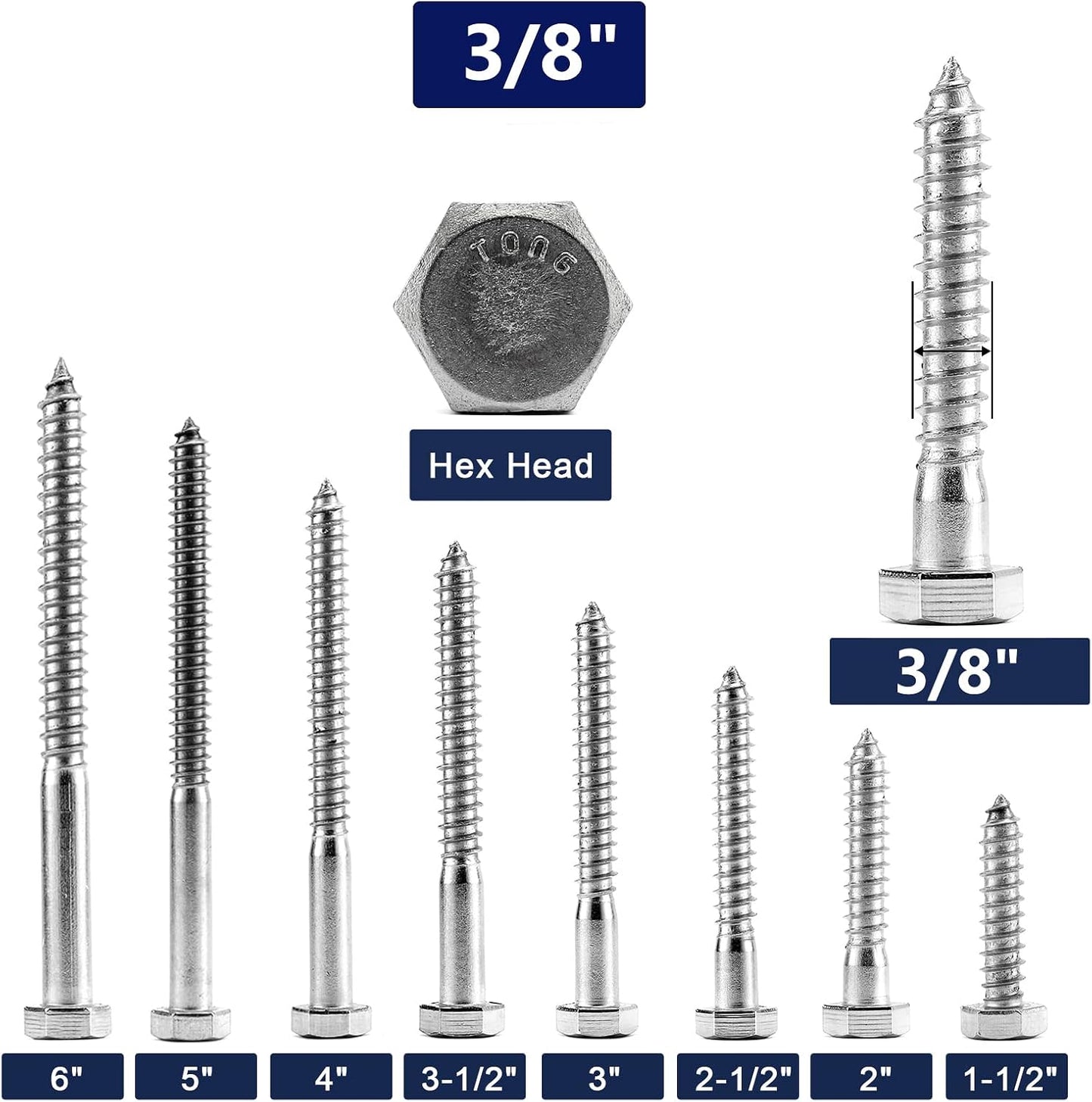 Tornillos hex 3/8x2-1/2 10 pzas acero inox 304 para madera