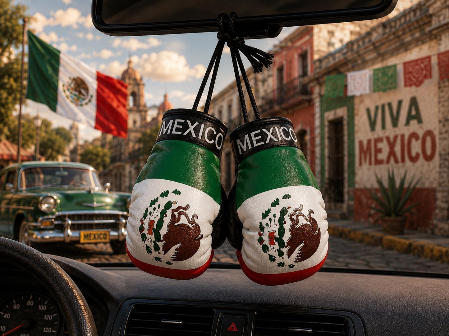 Guante boxeo con bandera mexicana para coche y espejo