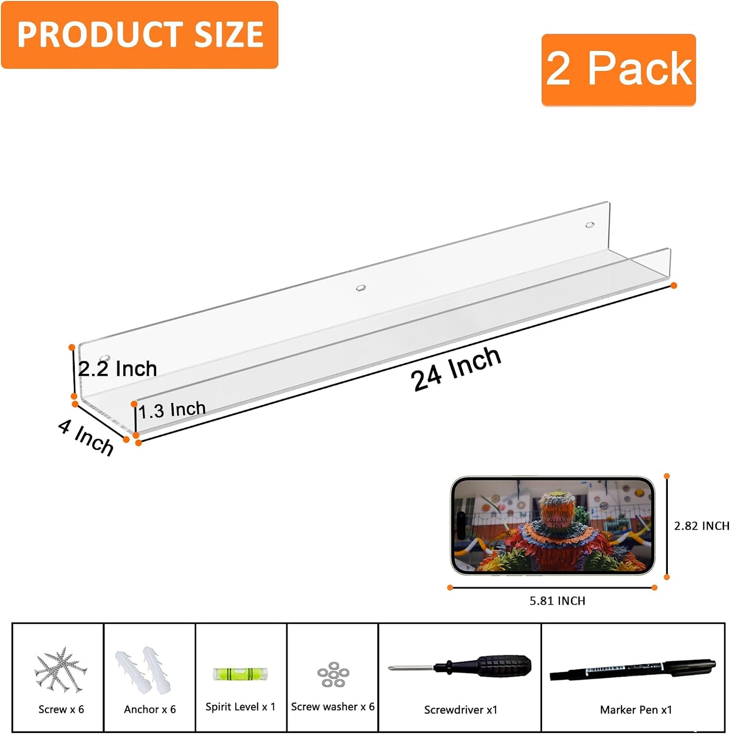Estante acrílico transparente 24" 2uds flotante para libros