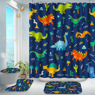 Set 4 cortinas ducha baño niños con tapete U y ganchos dinosaurio