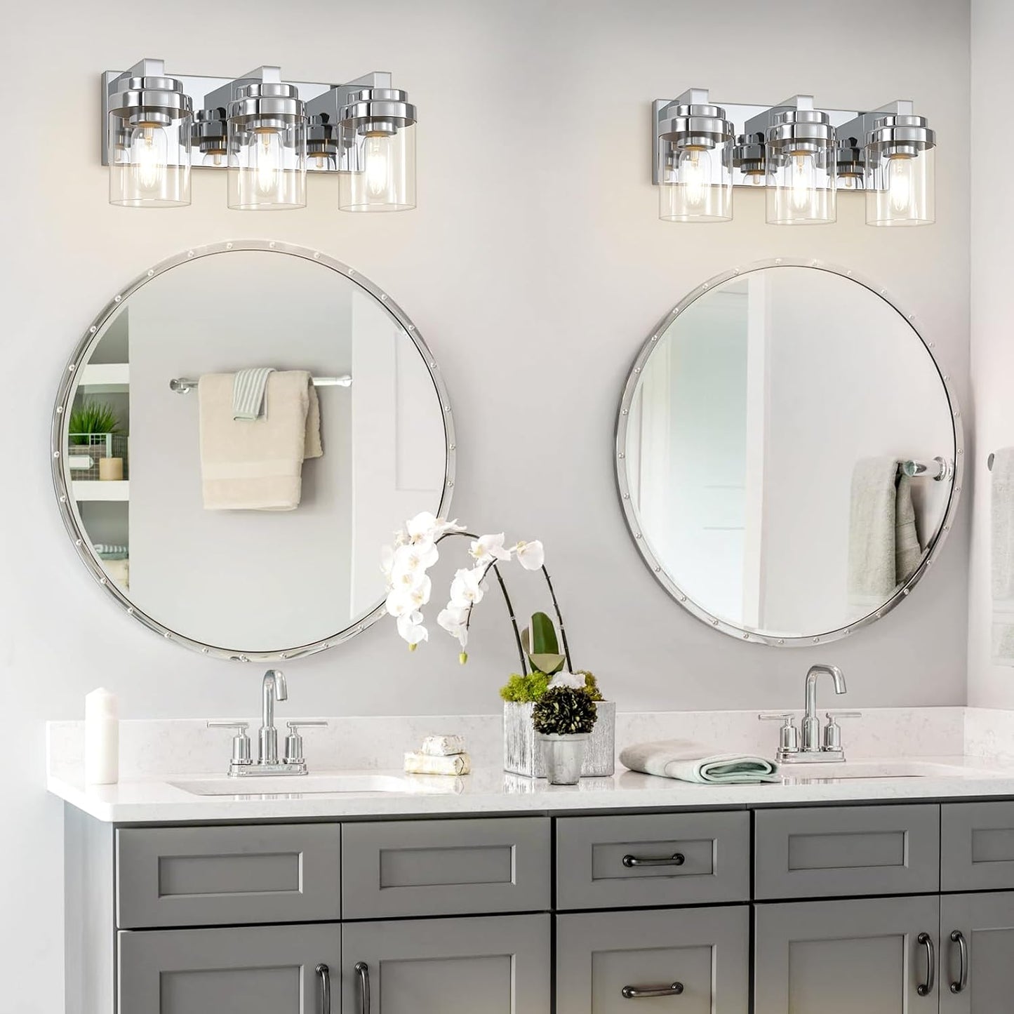Lámpara tocador baño 3 luces vidrio transparente cromo E26