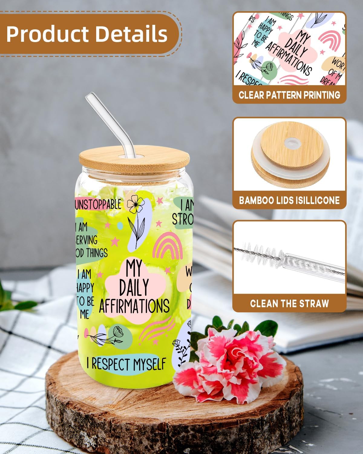 Taza café helado con tapa pajita 16oz regalo mujer