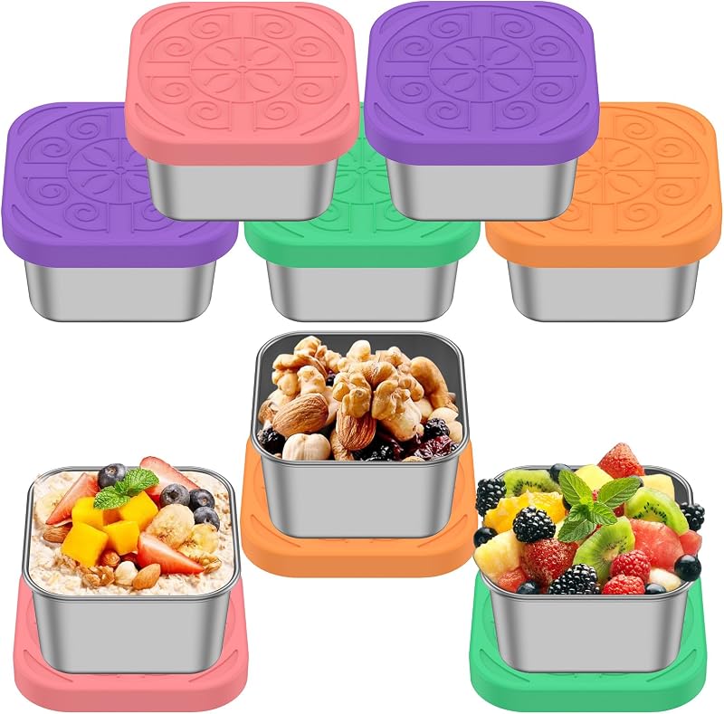 8 Recipientes Acero Inox 2oz con Tapas Silicona para Salsa