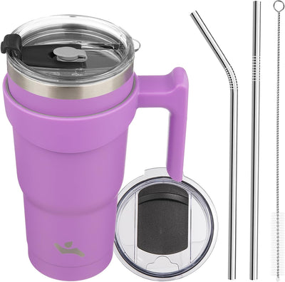Vaso acero inox 20oz con asa 2 pajillas tapas lavanda