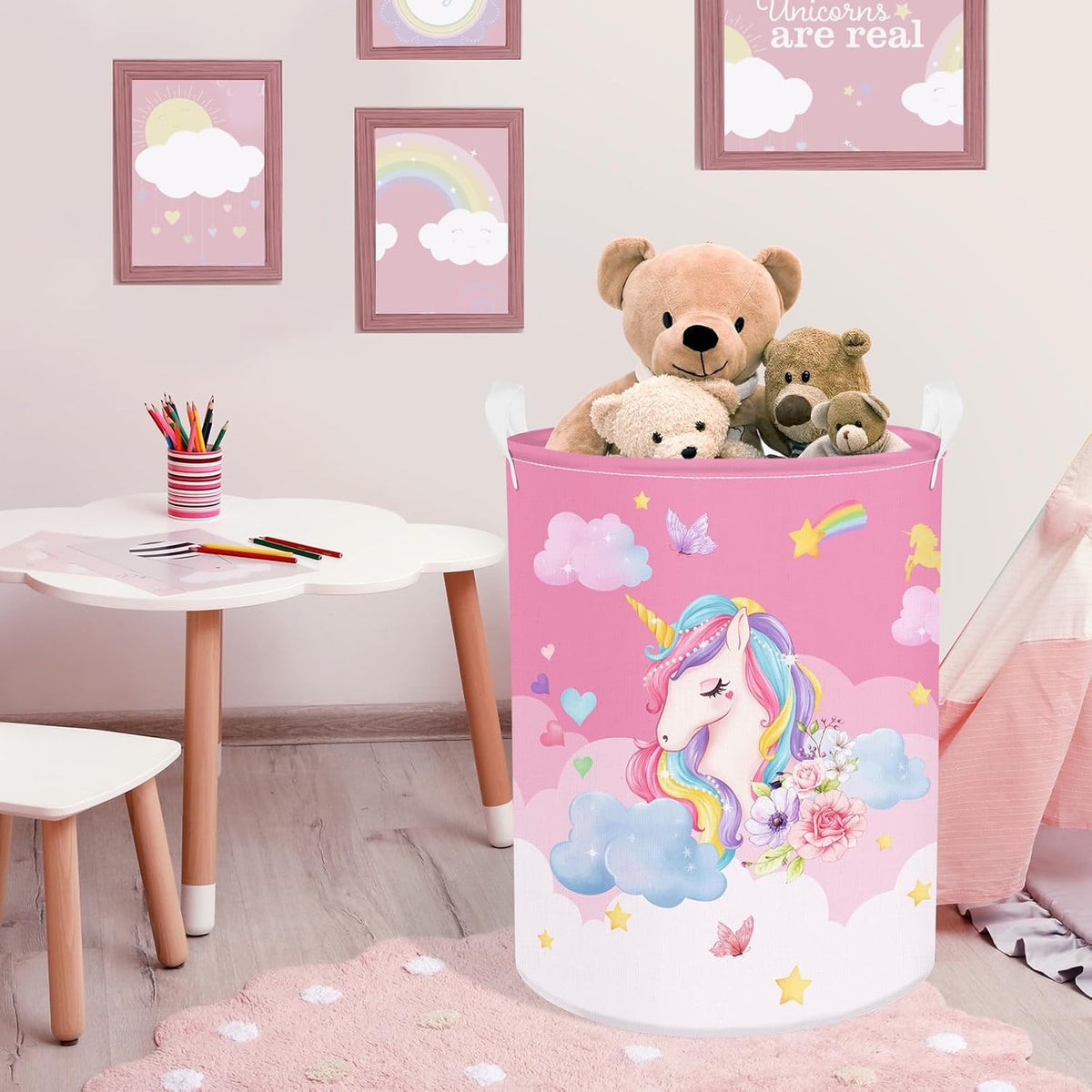 Cesta lavandería unicornio rosa 45L para niñas