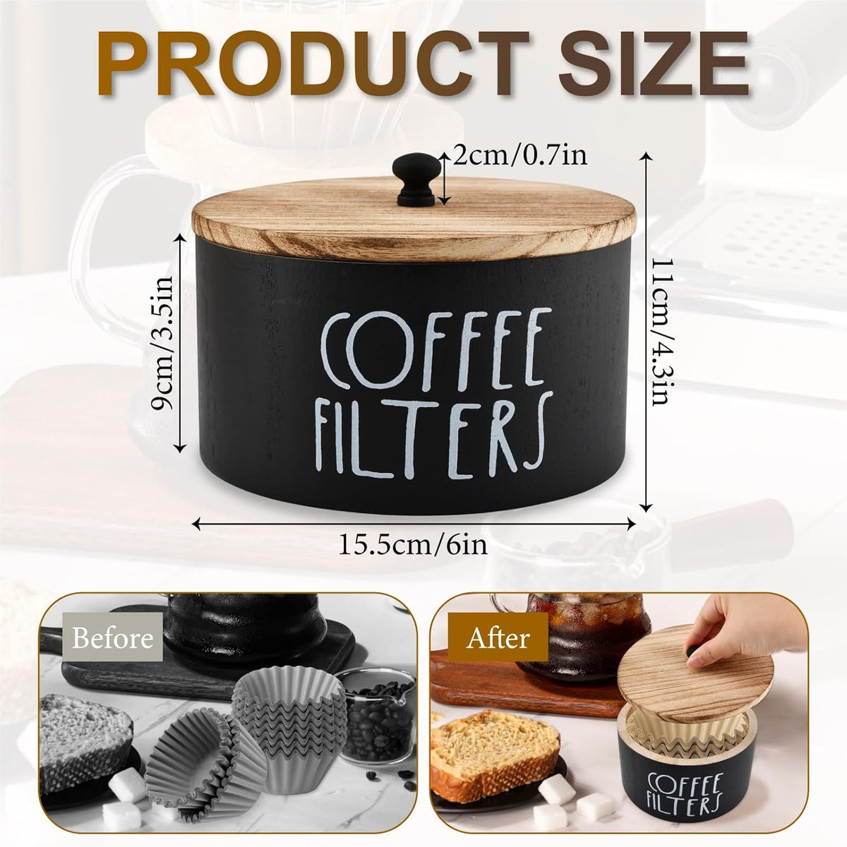 Soporte para filtro de café de madera redondo con tapa