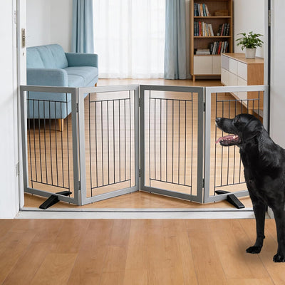 Puerta plegable para perros madera gris ancha