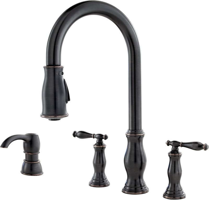 Grifo cocina con rociador y dispensador jabón bronce toscano
