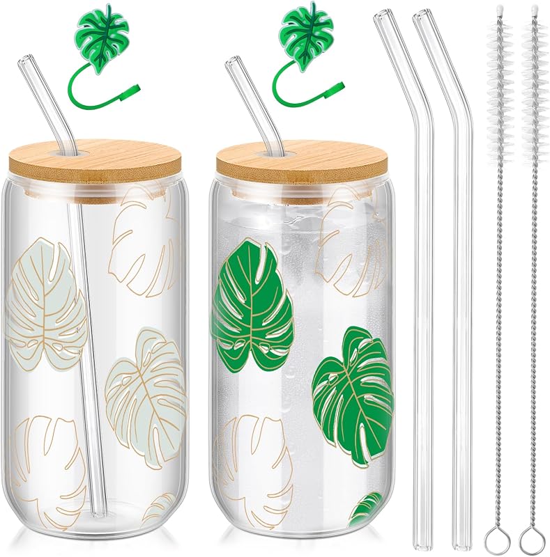 2 Vases Vidrio Cambian Color con Pajitas Bambú y Cepillos 16oz