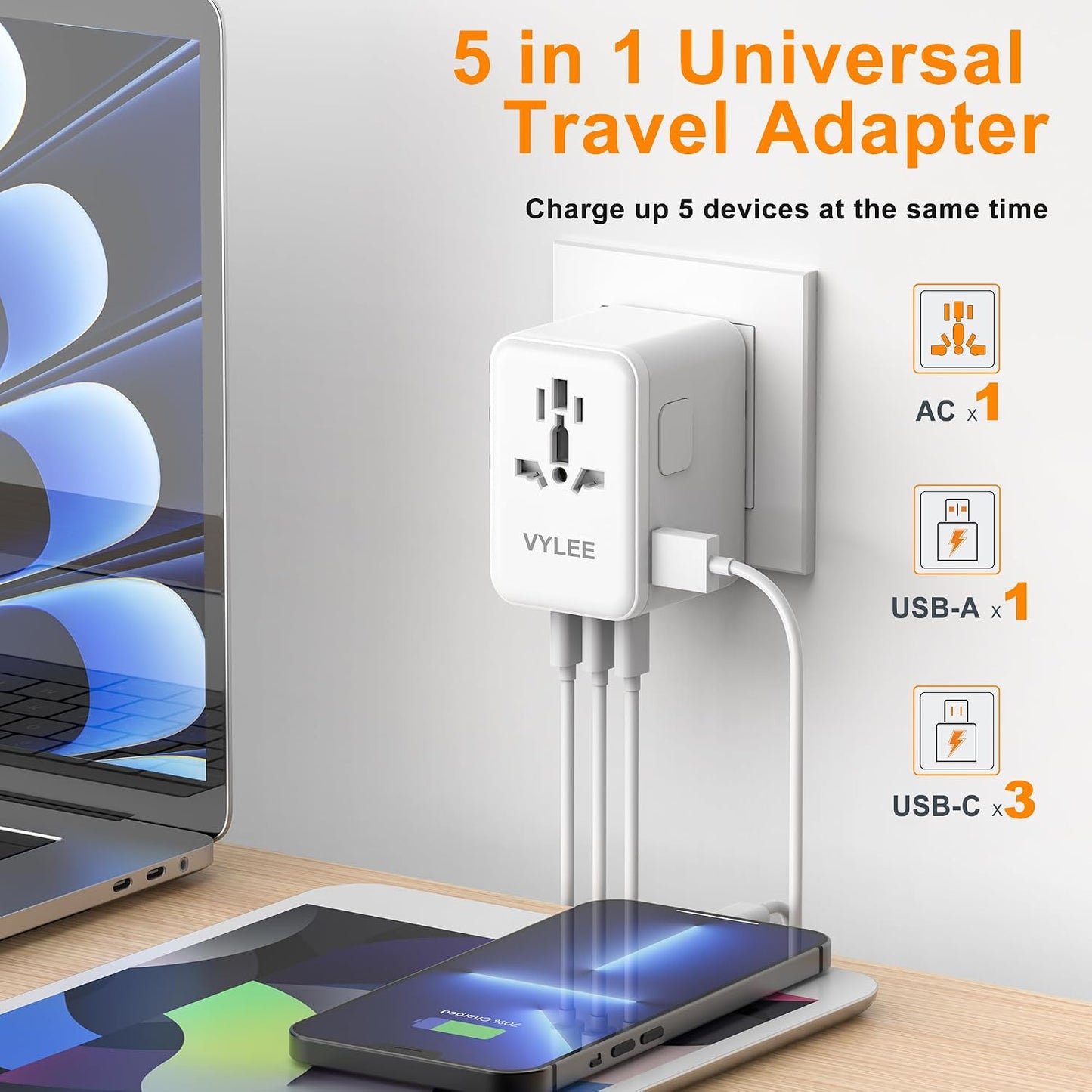 Adaptador viaje universal PD100W con 3 USB C y 1 USB A